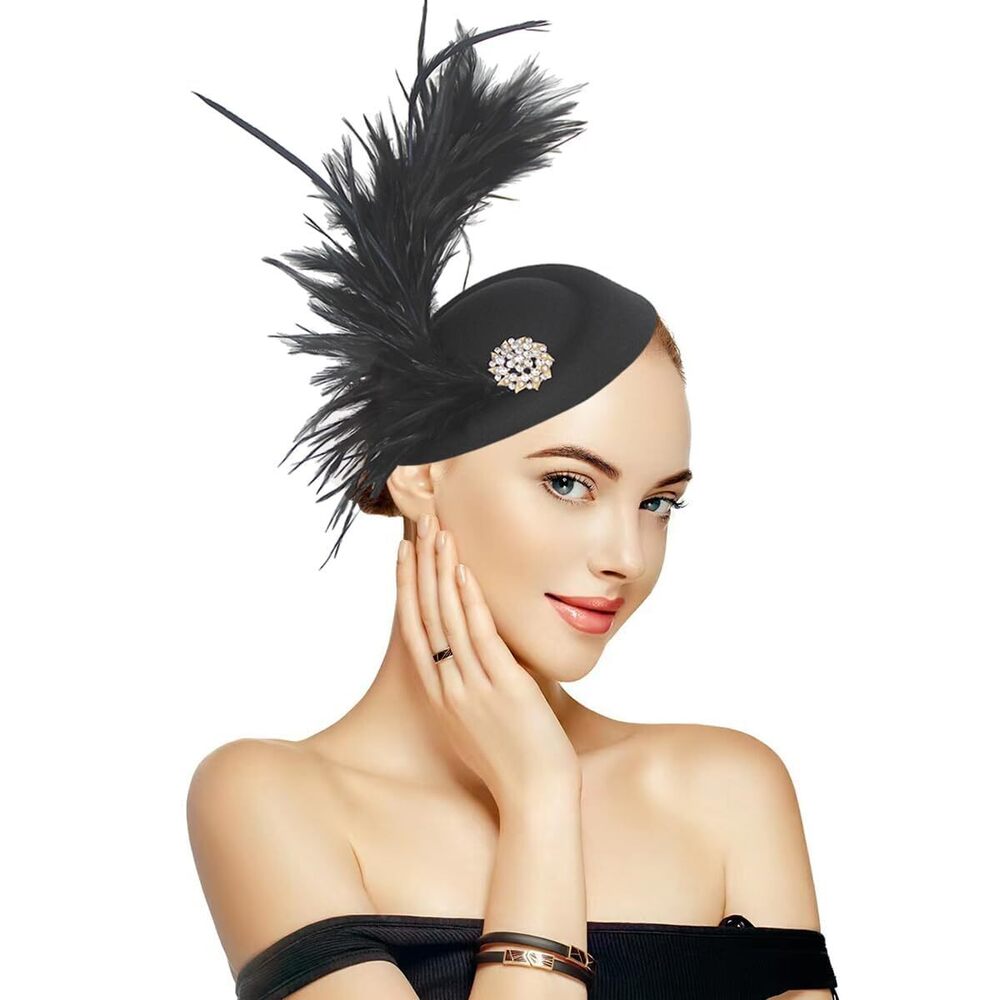 4197 Black Fascinators Hat Feathers On A Headband And Clip 20s 50s Pillbox